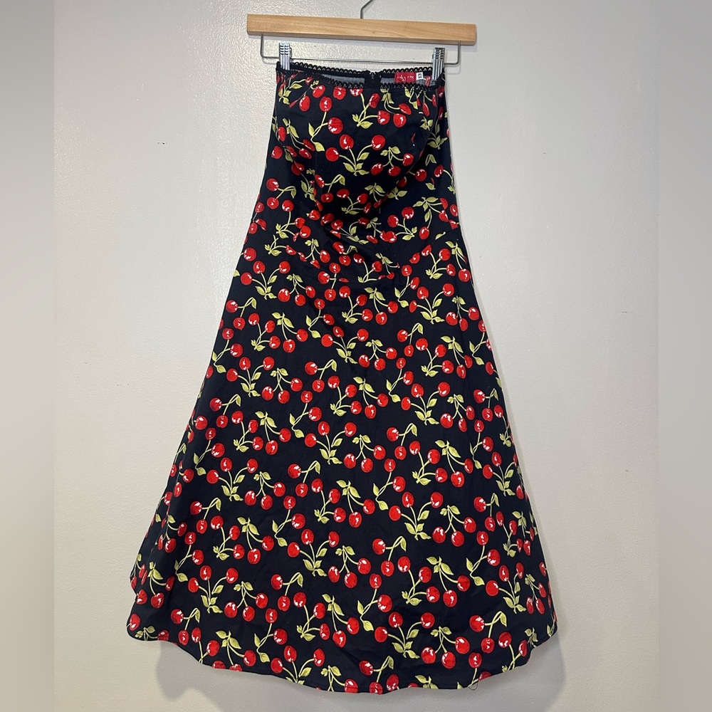 Vintage Cherry Patterned Print Strapless Zip Up Dress